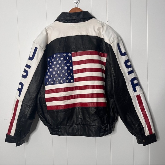 American Flag Black Leather Jacket USA Spellout Sleeves Colorblock Bomber 3XL